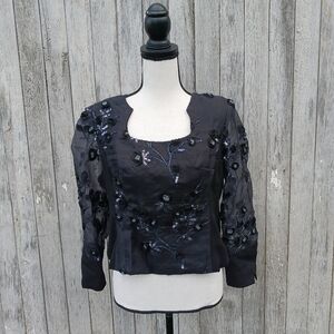 VTG Nita Ideas 80's Beaded Black Crop Quarter Sleeve Blouse Square Neckline Sz 8